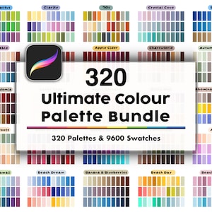 May include: A digital colour palette bundle featuring 320 individual palettes and 9600 total swatches. The graphic displays the text 320 Ultimate Colour Palette Bundle and 320 Palettes & 9600 Swatches, accompanied by a Procreate app icon.