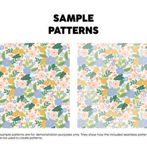 Pode incluir: Dois displays gr&aacute;ficos quadrados rotulados como SAMPLE PATTERNS com um design floral repetitivo com flores azuis, amarelas e rosas, folhas verdes e caules brancos. O display &agrave; direita inclui um contorno em forma de diamante sobre o padr&atilde;o.