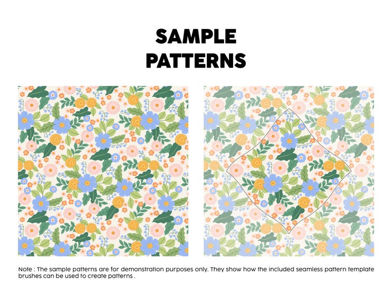 Pode incluir: Dois displays gr&aacute;ficos quadrados rotulados como SAMPLE PATTERNS com um design floral repetitivo com flores azuis, amarelas e rosas, folhas verdes e caules brancos. O display &agrave; direita inclui um contorno em forma de diamante sobre o padr&atilde;o.