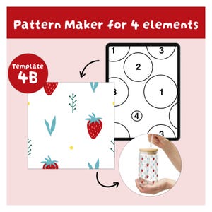 Może przedstawiać: Cyfrowy szablon do tworzenia wzor&oacute;w oznaczony jako 4B z tekstem Pattern Maker for 4 elements. Zawiera ponumerowaną siatkę k&oacute;ł, biały kwadrat ze wzorem czerwonych truskawek i niebieskich liści oraz szklankę z bambusową pokrywką i słomką.