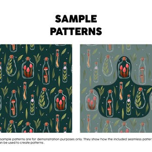Pode incluir: Duas amostras de padr&otilde;es digitais rotuladas como SAMPLE PATTERNS. A esquerda mostra um fundo verde escuro com garrafas de vidro contendo cogumelos e folhas. A direita mostra um fundo verde claro com um recorte verde escuro.