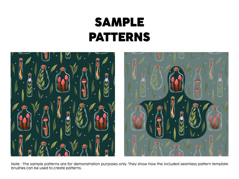 Pode incluir: Duas amostras de padr&otilde;es digitais rotuladas como SAMPLE PATTERNS. A esquerda mostra um fundo verde escuro com garrafas de vidro contendo cogumelos e folhas. A direita mostra um fundo verde claro com um recorte verde escuro.