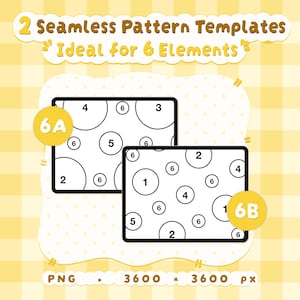 May include: Two digital seamless pattern templates featuring black outlines of circles on a white background, labeled 6A and 6B. The text reads 2 Seamless Pattern Templates, Ideal for 6 Elements, and PNG 3600 * 3600 px on a yellow checkered background.