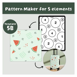 Może przedstawiać: Cyfrowe narzędzie do tworzenia wzor&oacute;w z etykietą Pattern Maker for 5 elements i Template 5B, zawierające układ ponumerowanych k&oacute;ł, jasnozielony nadruk w arbuzy oraz pokrowiec na walizkę z tym samym wzorem.