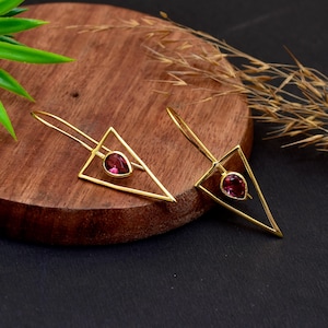 Gold Geometric Garnet Earrings, Minimalist Triangle Earrings, Red Gemstone Drop Earrings, Handmade Garnet Jewelry,  Earrings Gift for Her