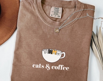 Cats And Coffee Shirt, Coffee Lover Gift, Cat Lover Gift, Minimalist, Oversize, Womens, Mens, Unisex Comfort Colors T-shirt
