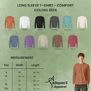 May include: Image of long-sleeve t-shirts in multiple colours, including black, white, and blue. A size chart shows measurements in inches, with the length of a size small at 67.63 cm. The text "Allepacs Apparel" is also visible.
