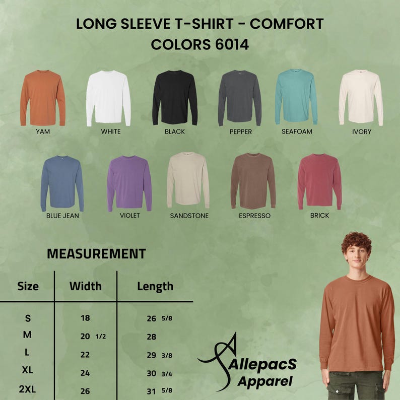 May include: Image of long-sleeve t-shirts in multiple colours, including black, white, and blue. A size chart shows measurements in inches, with the length of a size small at 67.63 cm. The text "Allepacs Apparel" is also visible.