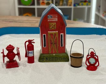 Farm Freedom Bundle | Barn, Bucket, Lantern, Fire Extinguisher & Fire Hydrant Miniatures | Sandtray Therapy Collection | Play Therapy Tools
