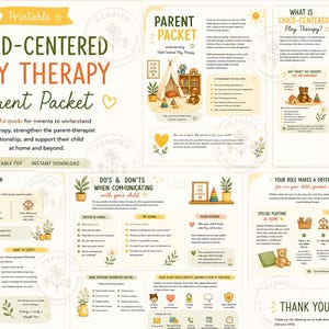 May include: A printable 10-page Child-Centered Play Therapy parent packet featuring educational text, illustrations of a teepee, teddy bear, plants, and daisies. The document includes sections on play therapy, communication tips, and parent roles.