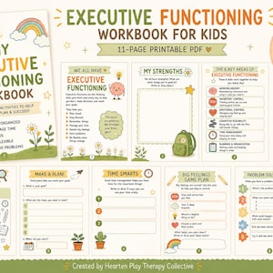 May include: An 11-page printable PDF executive functioning workbook for kids featuring a cover with a sun, rainbow, and potted plant. The pages include activities titled Focus Power, Make a Plan, Time Smarts, Big Feelings, and Problem Solver.
