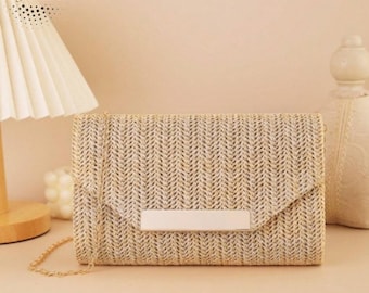 Apricot Woven Straw Clutch Bag with Chain Strap