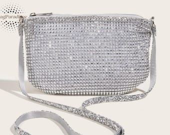 Silver Rhinestone Evening Crossbody Bag with Sparkling Mesh and Long Shoulder Strap