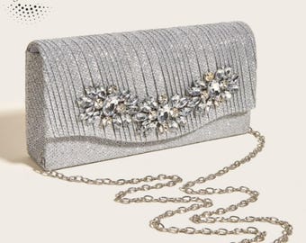 Silver Rhinestone Evening Clutch – Sparkling Formal Bag with Detachable Chain