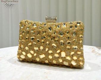 Gold Rhinestone Beaded Evening Clutch Elegant Formal Handbag