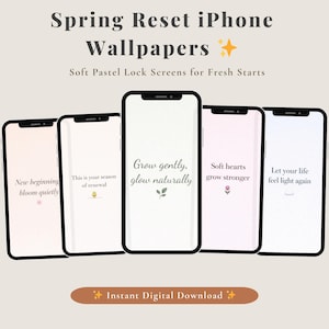 Puede incluir: Cinco smartphones que muestran fondos de pantalla en colores pastel con citas inspiradoras. Los teléfonos tienen bordes negros y están alineados. El texto incluye frases como "Grow gently, glow naturally" y "New beginning bloom quietly."
