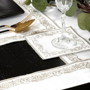 Embroidered Linen Table Runner Set – White Gray Silver Dining Decor