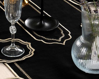 Black Linen Placemats and Runner – Gold Olive Embroidered Table Decor