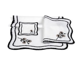 White Linen Embroidered Table Setting Set with Black Branch Design – Placemat Coaster Runner