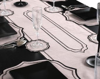 Beige Linen Table Set with Runner and Coasters – Minimalist Dining Decor