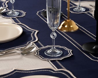 Navy Blue Table Runner, Olive Branch Embroidery, Scalloped Linen Blend Dining Decor
