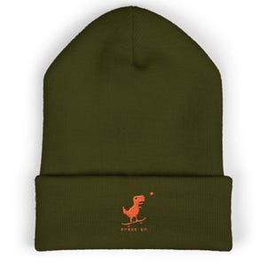 Press On Skateboarding Dinosaur Beanie – Embroidered Dino Skate Knit Hat, Retro Minimal Streetwear, Motivational Winter Beanie
