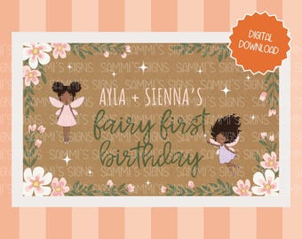 Plantilla de pancarta para primer cumpleaños de hada / Fondo para primer cumpleaños de jardín de hadas / Letrero de hadas de Canva editable / Pancarta de cumpleaños con alas de hada rosa