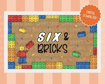 May include: A digital download featuring a brown background with the text "Six & Bricks" in white. The design includes colorful toy bricks and a Lego figure. An orange tag reads "Digital Download".