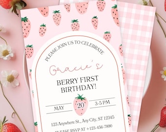 Berry First Birthday Invitation Template | Strawberry First Birthday Invite | Editable Canva Birthday Invitation