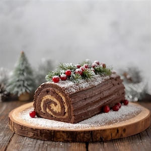 May include: A chocolate Yule log cake, decorated with red berries, pine sprigs, and powdered sugar, sits on a wooden serving board. The cake has a spiral filling and is presented on a rustic wooden table.
