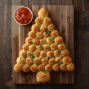 Könnte beinhalten: Ein Weihnachtsbaum aus Brot, gewürzt mit Knoblauch und Kräutern, serviert auf einem Holzbrett. Links befindet sich eine kleine weiße Schüssel mit roter Tomatensauce. Das Brot ist goldbraun und das Brett hellbraun.