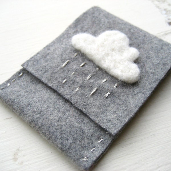 Grey Felt Card Holder/Wallet with White and Silver Rain Cloud