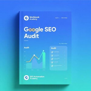 Puede incluir: Una portada de libro con un fondo azul degradado. El título "Google SEO Audit" está en letras blancas grandes. La portada incluye un gráfico y una lista de verificación, con los logotipos de "Workbook Academy" y "SEO Automation Academy".