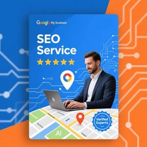 Puede incluir: Gráfico digital que promociona servicios de SEO. La imagen presenta a un hombre con traje trabajando en una computadora portátil, con el texto "SEO Service" y un logotipo de Google My Business. También se incluye un gráfico de mapa y una insignia de "Verified Experts".