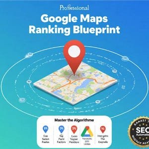 Puede incluir: Una ilustración con el texto "Google Maps Ranking Blueprint" y un mapa con un marcador de ubicación rojo. La imagen incluye el texto "Master the Algorithme" y varios indicadores de porcentaje.