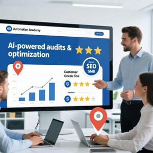 May include: A large computer screen displays "Automation Academy" and "AI-powered audits & optimization." Three people are in an office setting, two using laptops. The screen shows a graph and star ratings, with a red location pin graphic.