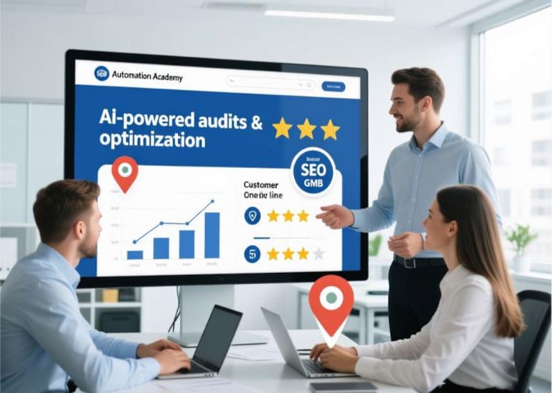 May include: A large computer screen displays "Automation Academy" and "AI-powered audits & optimization." Three people are in an office setting, two using laptops. The screen shows a graph and star ratings, with a red location pin graphic.