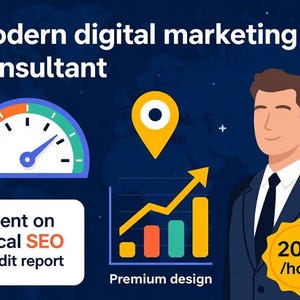 May include: Illustration for a modern digital marketing consultant. The image includes a gauge, a location pin, a bar graph, and a man in a suit. Text includes "client on local SEO audit report" and "Premium design."