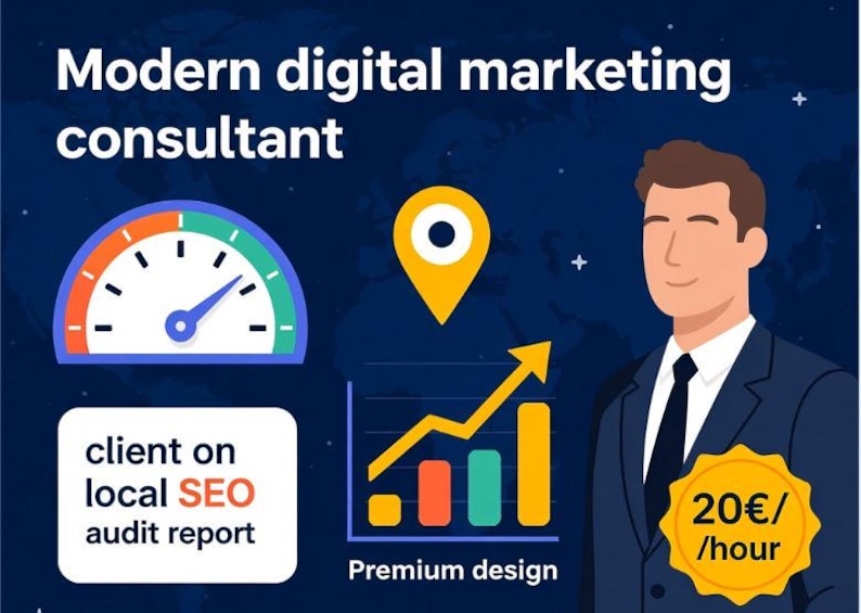 May include: Illustration for a modern digital marketing consultant. The image includes a gauge, a location pin, a bar graph, and a man in a suit. Text includes "client on local SEO audit report" and "Premium design."