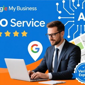 May include: A man in a suit works on a laptop, with the Google My Business logo and the text "SEO Service." The image includes a map, AI graphic, and a "Verified Experts" badge, all set against a blue and orange background.