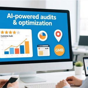 May include: A computer monitor displays "AI-powered audits & optimization" on a blue background. Graphics include charts, a location pin, and the text "GMB" in an orange circle. A person is seen using a smartphone.