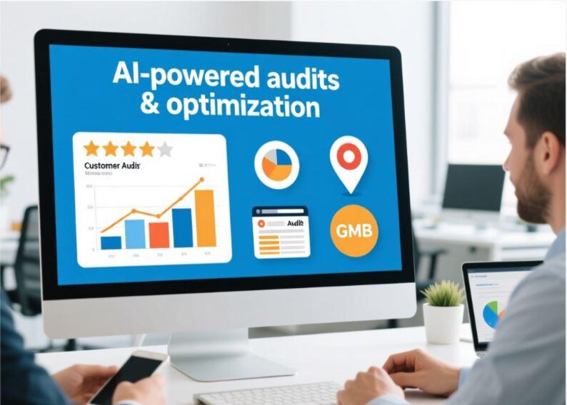 May include: A computer monitor displays "AI-powered audits & optimization" on a blue background. Graphics include charts, a location pin, and the text "GMB" in an orange circle. A person is seen using a smartphone.