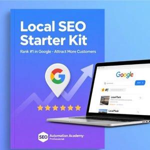 May include: A laptop displaying a Google search result next to a book titled "Local SEO Starter Kit." The book cover is purple and blue with a Google Maps pin graphic and text that reads "Rank #1 in Google - Attract More Customers."