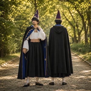 May include: Two people wearing matching wizard costumes. Each costume includes a black cape with blue lining and gold trim, a white shirt, a black skirt, and a purple hat with gold trim. The costumes are worn on a stone path with trees in the background.