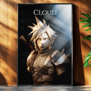 Puede incluir: Impresión artística enmarcada que presenta un busto de un personaje con cabello rubio puntiagudo, una espada y una armadura. La palabra "CLOUD" está en la parte superior. La obra de arte está sobre un fondo oscuro con rayos de luz.