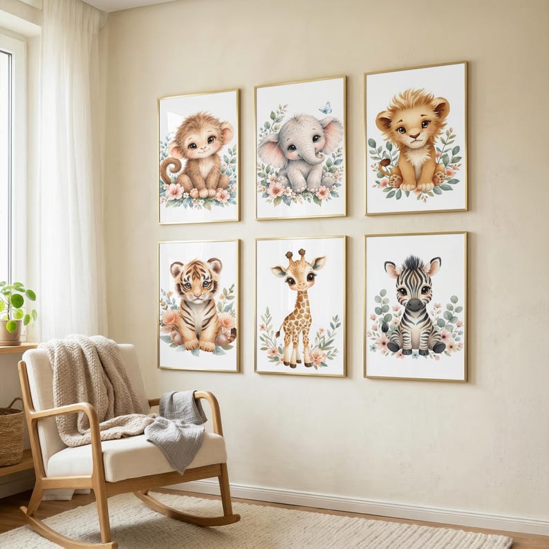 Safari Nursery Wall Art Set of 6, Watercolor Jungle Animal Prints ...