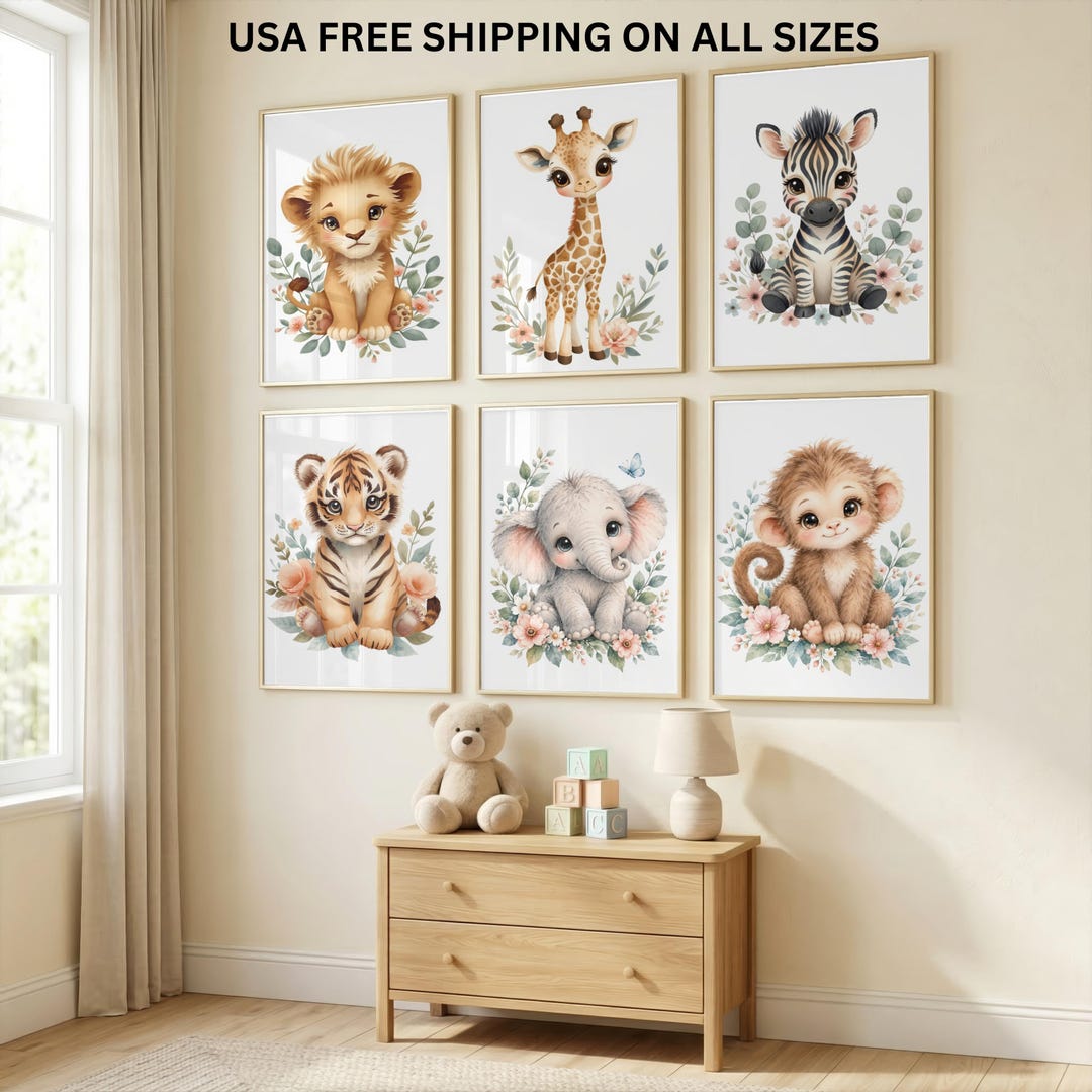 Safari Nursery Wall Art Set of 6, Watercolor Jungle Animal Prints ...
