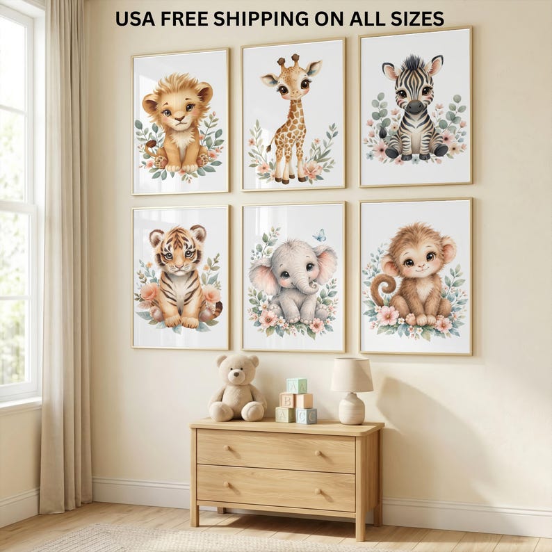 Safari Nursery Wall Art Set of 6, Watercolor Jungle Animal Prints ...