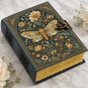 Op de afbeelding: Een donkerblauwgroen dagboek met een goudkleurige metalen sluiting. De kaft bevat een gedetailleerde illustratie van een grote mot omringd door crème en goudkleurige bloemmotieven. Het boek heeft dikke pagina's met goudkleurige randen.