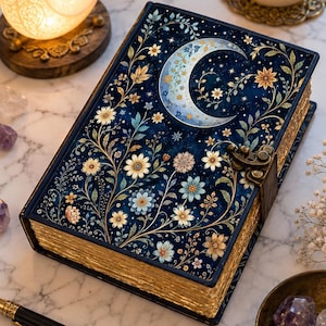Könnte beinhalten: Ein rechteckiges Notizbuch mit festem Einband in Dunkelblau, verziert mit einer Mondsichel und floralen Illustrationen in Gold, Weiß und Blau. Das Buch hat goldfarbene Seitenränder und einen seitlichen Metallverschluss für ein detailliertes Design.